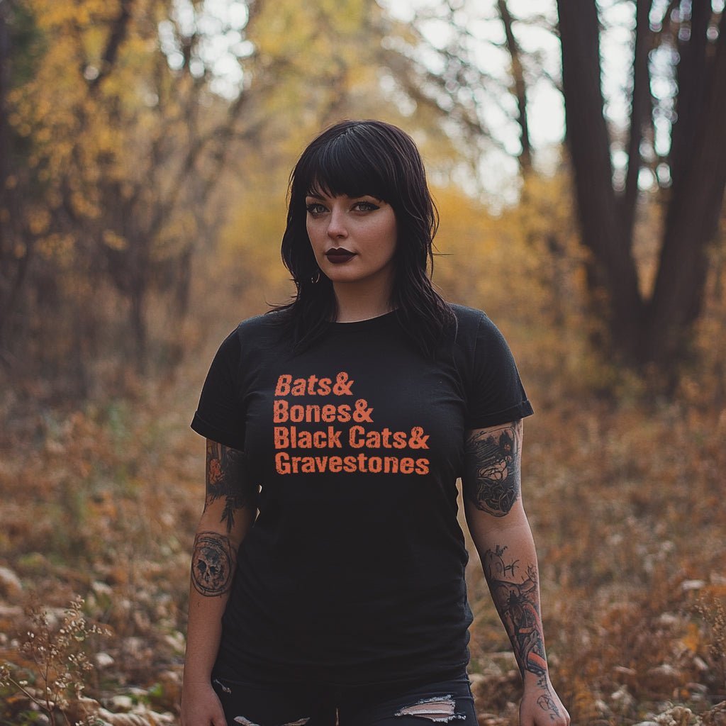 Bats & Bones & Black Cats & Gravestones Halloween List T-Shirt - Glow Bat