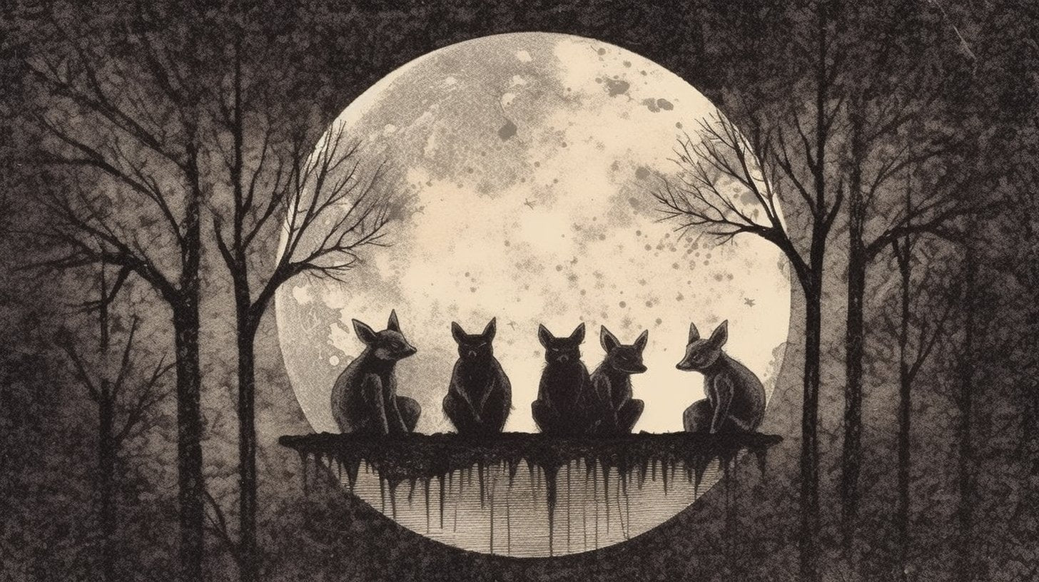An illustration of foxes sitting in front of a full moon in a forest.