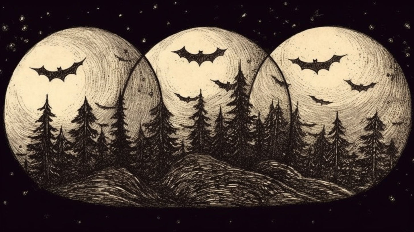 A woodcut-style illustration of bats flying in a forest at night in front of three moons.