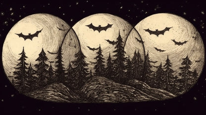 A woodcut-style illustration of bats flying in a forest at night in front of three moons.