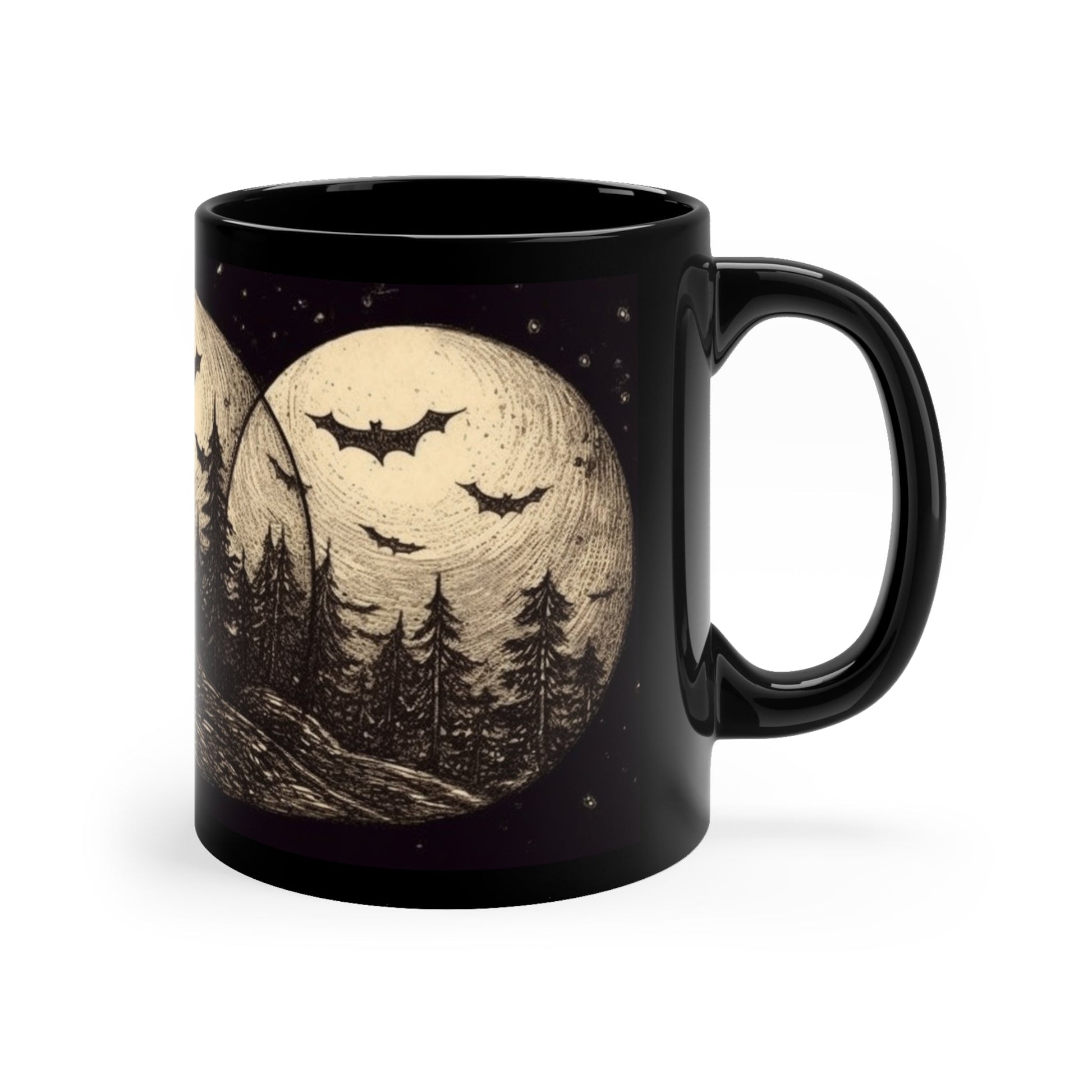 The left side view of an alternative fashion black coffee mug with an image of bats flying in a forest at night in front of three moons.