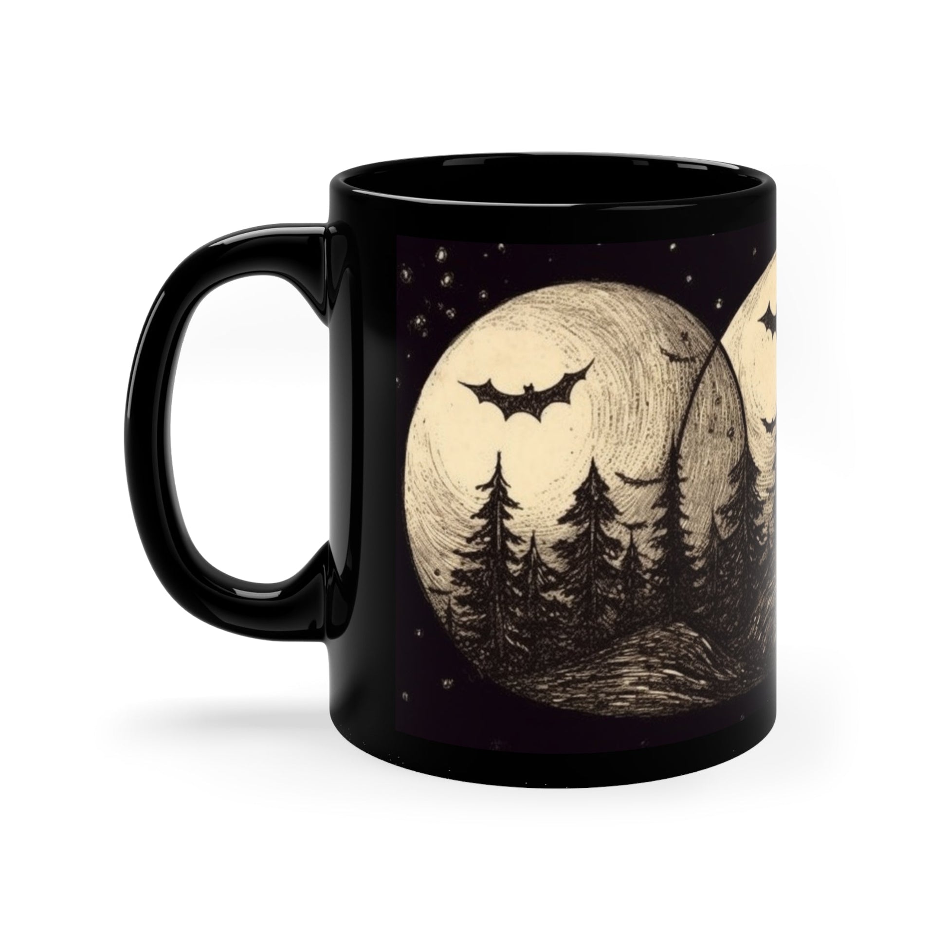 The right side view of an alternative fashion black coffee mug with an image of bats flying in a forest at night in front of three moons.