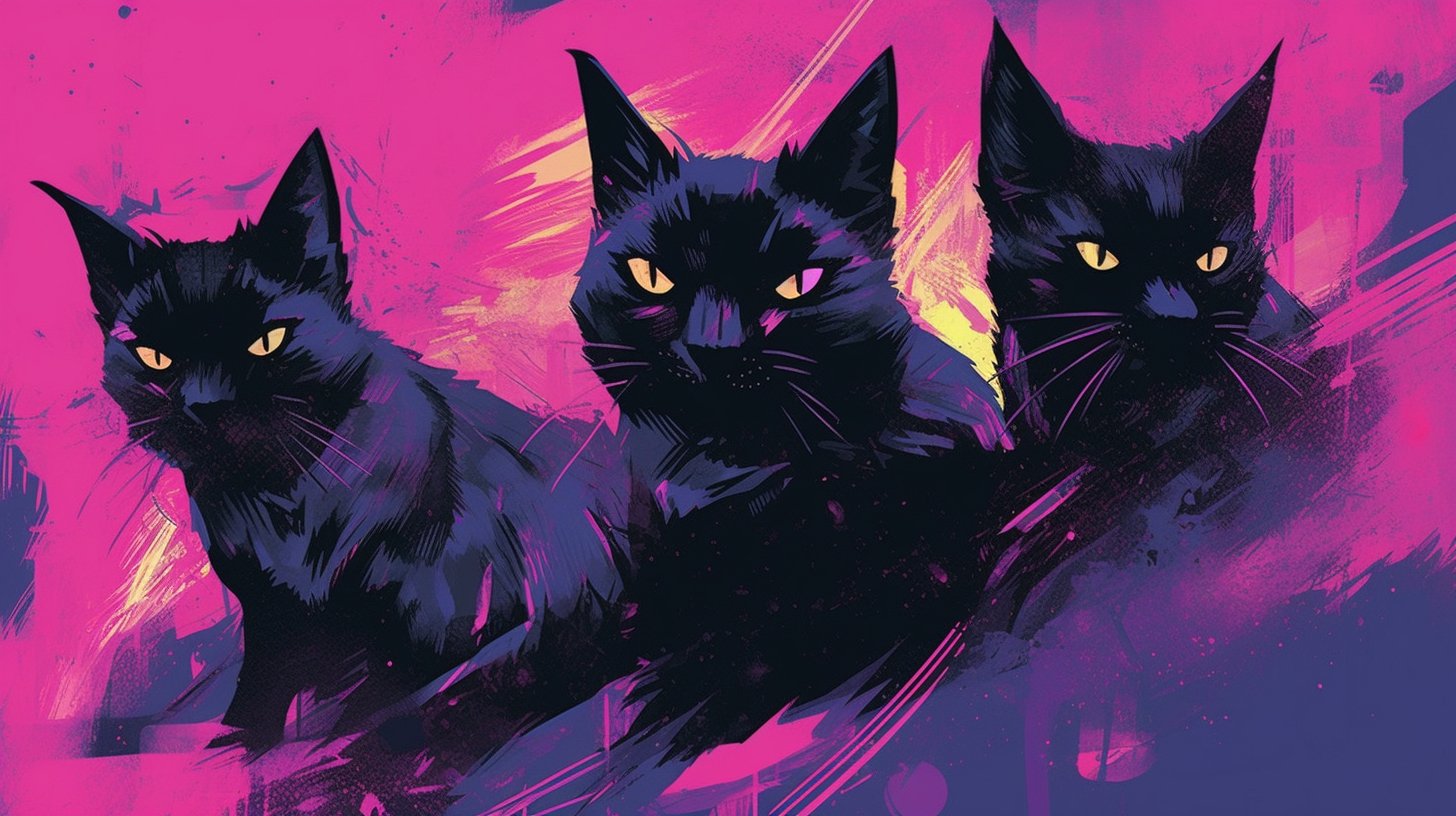 An image of three black cats on a pink background painted in a watercolor style.